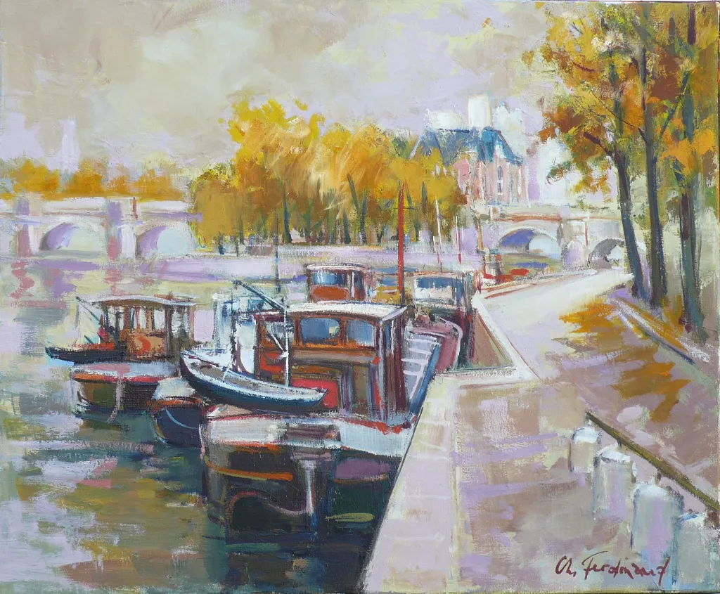 Péniches au Pont Neuf-huile-46×38 cm